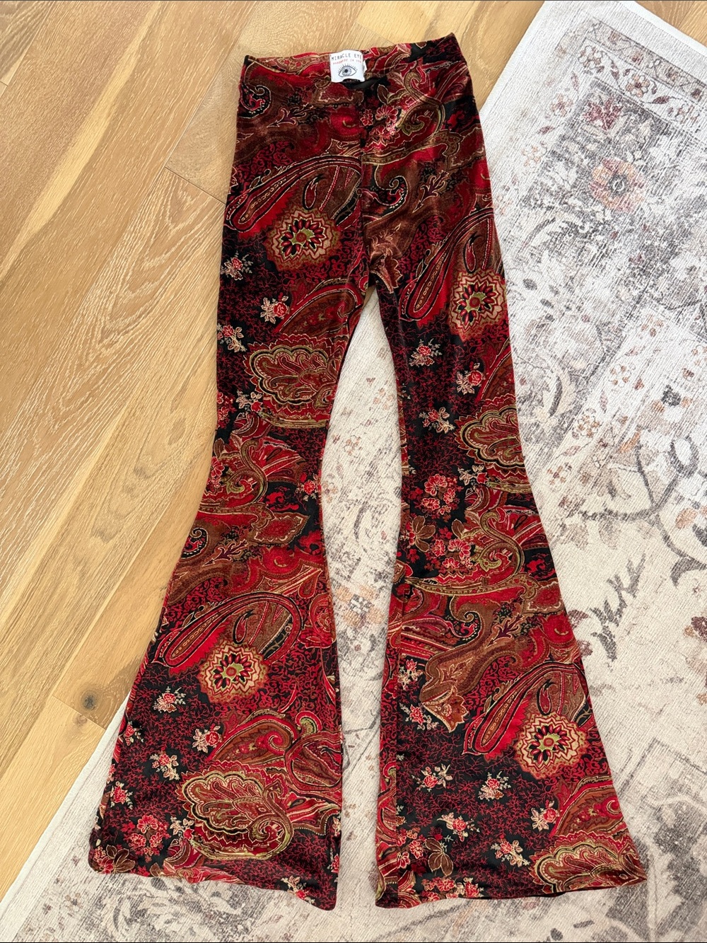 Miracle Eye Handmade Boho Paisley Red Velvet Bell Bottom Pants
